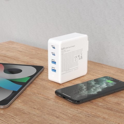 Szybka i mocna ładowarka sieciowa GaN 2x USB-C 2x USB 100W biała DUDAO Szybka i mocna ładowarka sieciowa GaN 2x USB-C 2x USB 100W biała DUDAO