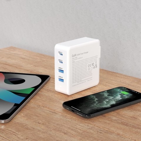 Szybka i mocna ładowarka sieciowa GaN 2x USB-C 2x USB 100W biała DUDAO Szybka i mocna ładowarka sieciowa GaN 2x USB-C 2x USB 100W biała DUDAO