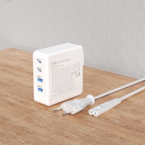 Szybka i mocna ładowarka sieciowa GaN 2x USB-C 2x USB 100W biała DUDAO Szybka i mocna ładowarka sieciowa GaN 2x USB-C 2x USB 100W biała DUDAO