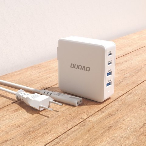 Szybka i mocna ładowarka sieciowa GaN 2x USB-C 2x USB 100W biała DUDAO Szybka i mocna ładowarka sieciowa GaN 2x USB-C 2x USB 100W biała DUDAO