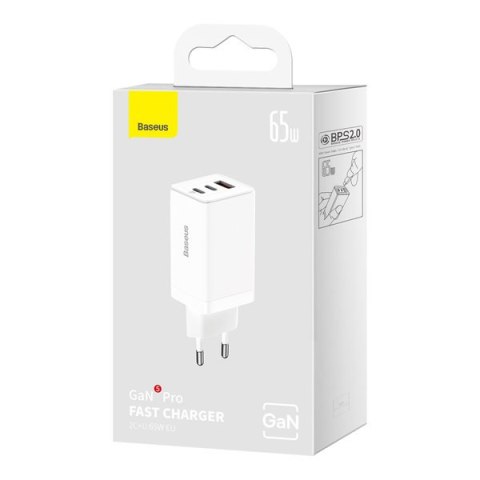 Szybka ładowarka sieciowa GaN 2x USB-C USB 65W + kabel USB-C biała BASEUS Szybka ładowarka sieciowa GaN 2x USB-C USB 65W + kabel USB-C biała BASEUS
