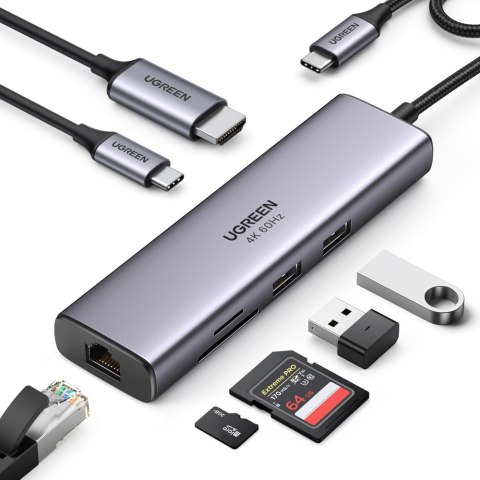 7w1 wielofunkcyjny HUB USB-C - 2x USB HDMI 4K czytnik kart SD i TF USB-C RJ45 1Gbps szary UGREEN 7w1 wielofunkcyjny HUB USB-C - 2x USB HDMI 4K czytnik kart SD i TF USB-C RJ45 1Gbps szary UGREEN