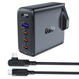 2w1 Kabel i szybka ładowarka sieciowa GaN wtyczka angielska UK 100W PD 3x USB-C USB czarna ACEFAST