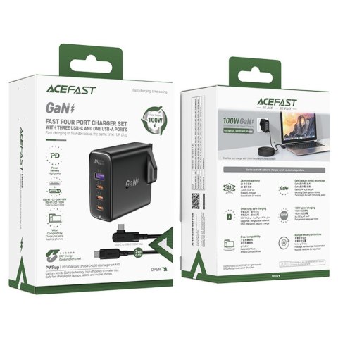 2w1 Kabel i szybka ładowarka sieciowa GaN wtyczka angielska UK 100W PD 3x USB-C USB czarna ACEFAST 2w1 Kabel i szybka ładowarka sieciowa GaN wtyczka angielska UK 100W PD 3x USB-C USB czarna ACEFAST
