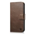 2w1 etui skórzany pokrowiec z klapką iPhone 14 Anti-RFID Oil Wax Wallet Case ciemno-brązowy ICARER