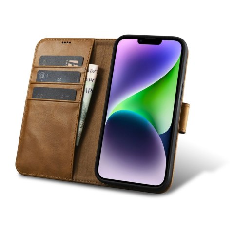 2w1 etui skórzany pokrowiec z klapką iPhone 14 Anti-RFID Oil Wax Wallet Case jasno-brązowy ICARER