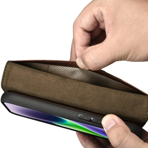 2w1 etui skórzany pokrowiec z klapką iPhone 14 Plus Anti-RFID Oil Wax Wallet Case ciemno-brązowy ICARER 2w1 etui skórzany pokrowiec z klapką iPhone 14 Plus Anti-RFID Oil Wax Wallet Case ciemno-brązowy ICARER
