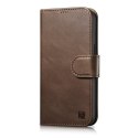 2w1 etui skórzany pokrowiec z klapką iPhone 14 Pro Anti-RFID Oil Wax Wallet Case ciemno-brązowy ICARER
