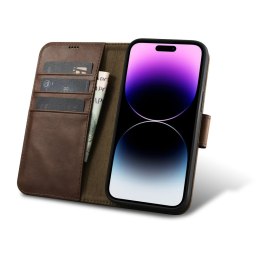 2w1 etui skórzany pokrowiec z klapką iPhone 14 Pro Max Anti-RFID Oil Wax Wallet Case ciemno-brązowy ICARER