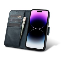 2w1 etui skórzany pokrowiec z klapką iPhone 14 Pro Max Anti-RFID Oil Wax Wallet Case niebieski ICARER