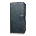 2w1 etui skórzany pokrowiec z klapką iPhone 14 Pro Max Anti-RFID Oil Wax Wallet Case niebieski ICARER