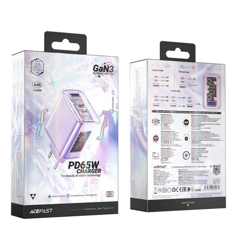 Ładowarka sieciowa GaN 65W 3 porty 1x USB 2x USB-C fioletowa ACEFAST Ładowarka sieciowa GaN 65W 3 porty 1x USB 2x USB-C fioletowa ACEFAST