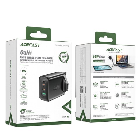 Ładowarka sieciowa wtyczka angielska UK GaN 65W 1x USB 2x USB-C PD czarna ACEFAST Ładowarka sieciowa wtyczka angielska UK GaN 65W 1x USB 2x USB-C PD czarna ACEFAST