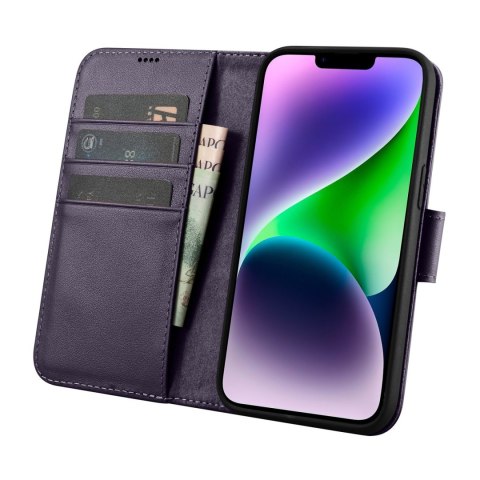 2w1 etui skórzany pokrowiec z klapką iPhone 14 Anti-RFID Wallet Case ciemnofioletowy ICARER