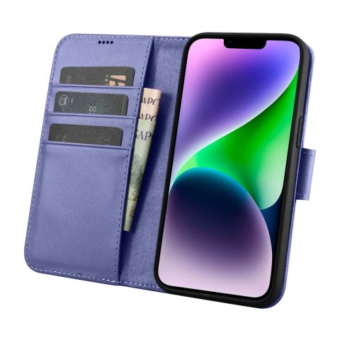 2w1 etui skórzany pokrowiec z klapką iPhone 14 Anti-RFID Wallet Case jasnofioletowy ICARER