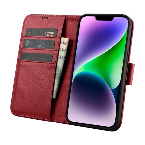 2w1 etui skórzany pokrowiec z klapką iPhone 14 Plus Anti-RFID Wallet Case czerwony ICARER