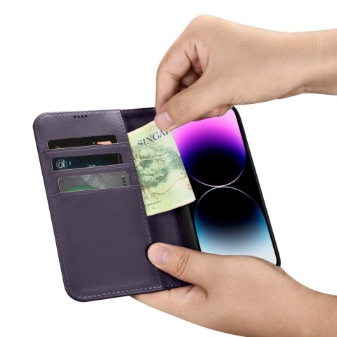 2w1 etui skórzany pokrowiec z klapką iPhone 14 Pro Anti-RFID Wallet Case ciemnofioletowy ICARER 2w1 etui skórzany pokrowiec z klapką iPhone 14 Pro Anti-RFID Wallet Case ciemnofioletowy ICARER