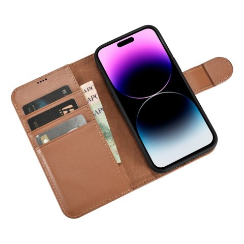 2w1 etui skórzany pokrowiec z klapką iPhone 14 Pro Max Anti-RFID Wallet Case brązowy ICARER 2w1 etui skórzany pokrowiec z klapką iPhone 14 Pro Max Anti-RFID Wallet Case brązowy ICARER