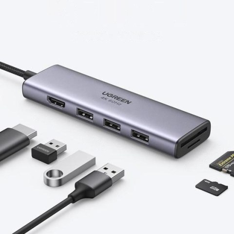 6w1 wielofunkcyjny HUB USB-C - 3x USB HDMI 4K czytnik kart SD i TF szary UGREEN 6w1 wielofunkcyjny HUB USB-C - 3x USB HDMI 4K czytnik kart SD i TF szary UGREEN