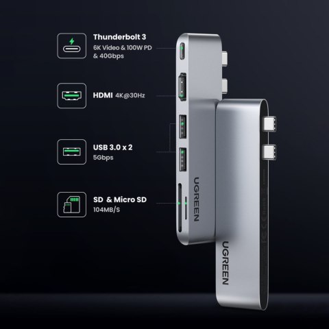 Rozdzielacz portów HUB MacBook Air Pro 2x USB-C HDMI 2x USB 3.0 SD TF PD szary UGREEN Rozdzielacz portów HUB MacBook Air Pro 2x USB-C HDMI 2x USB 3.0 SD TF PD szary UGREEN