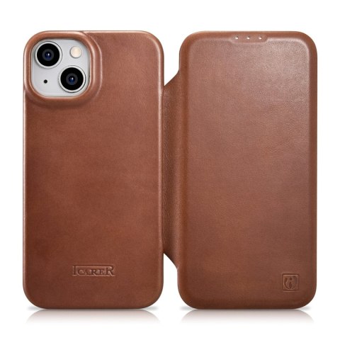 Skórzane etui iPhone 14 Plus z klapką magnetyczne MagSafe CE Oil Wax Premium Leather brązowy ICARER Skórzane etui iPhone 14 Plus z klapką magnetyczne MagSafe CE Oil Wax Premium Leather brązowy ICARER