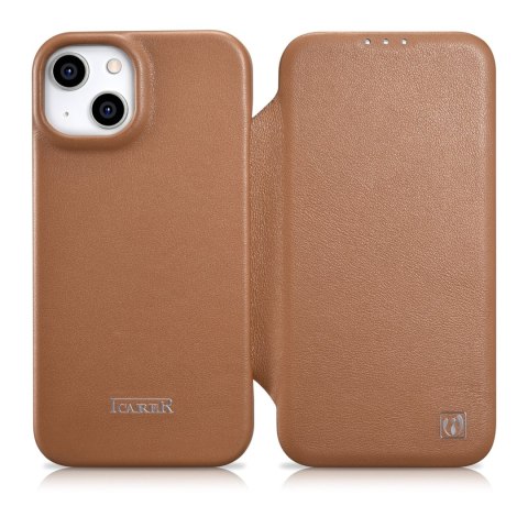 Skórzane etui iPhone 14 Plus z klapką magnetyczne MagSafe CE Premium Leather jasny brąz ICARER Skórzane etui iPhone 14 Plus z klapką magnetyczne MagSafe CE Premium Leather jasny brąz ICARER
