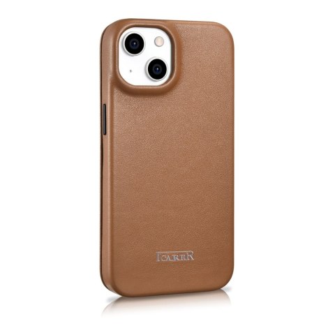 Skórzane etui iPhone 14 Plus z klapką magnetyczne MagSafe CE Premium Leather jasny brąz ICARER Skórzane etui iPhone 14 Plus z klapką magnetyczne MagSafe CE Premium Leather jasny brąz ICARER