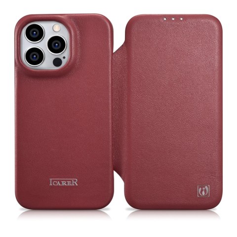 Skórzane etui iPhone 14 Pro Max z klapką magnetyczne MagSafe CE Premium Leather bordowy ICARER Skórzane etui iPhone 14 Pro Max z klapką magnetyczne MagSafe CE Premium Leather bordowy ICARER