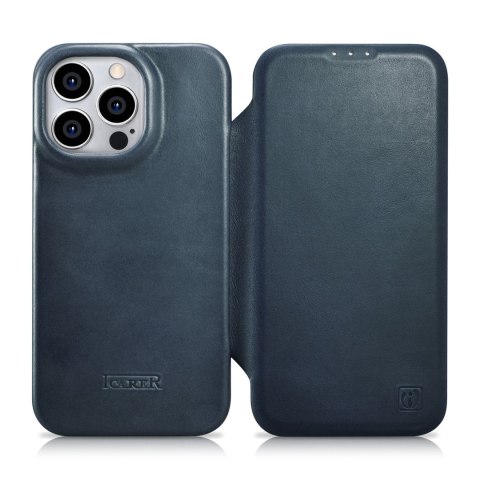 Skórzane etui iPhone 14 Pro z klapką magnetyczne MagSafe CE Oil Wax Premium Leather granatowy ICARER Skórzane etui iPhone 14 Pro z klapką magnetyczne MagSafe CE Oil Wax Premium Leather granatowy ICARER