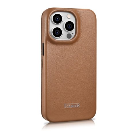 Skórzane etui iPhone 14 Pro z klapką magnetyczne MagSafe CE Premium Leather jasny brąz ICARER Skórzane etui iPhone 14 Pro z klapką magnetyczne MagSafe CE Premium Leather jasny brąz ICARER