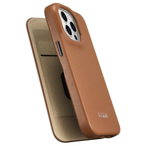 Skórzane etui iPhone 14 Pro z klapką magnetyczne MagSafe CE Premium Leather jasny brąz ICARER Skórzane etui iPhone 14 Pro z klapką magnetyczne MagSafe CE Premium Leather jasny brąz ICARER