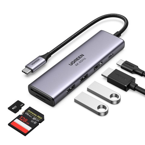 6w1 wielofunkcyjny HUB USB-C - 2x USB HDMI 4K czytnik kart SD i TF USB-C PD 100W szary UGREEN 6w1 wielofunkcyjny HUB USB-C - 2x USB HDMI 4K czytnik kart SD i TF USB-C PD 100W szary UGREEN