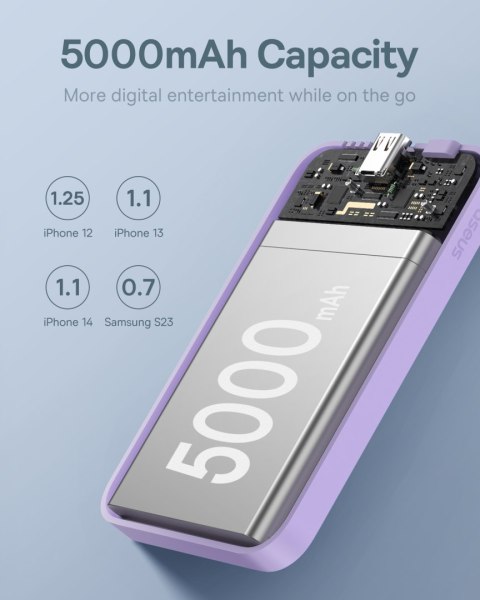 Mini powerbank 5000mAh 20W + kabel USB-C 20V / 3A fioletowy BASEUS Mini powerbank 5000mAh 20W + kabel USB-C 20V / 3A fioletowy BASEUS