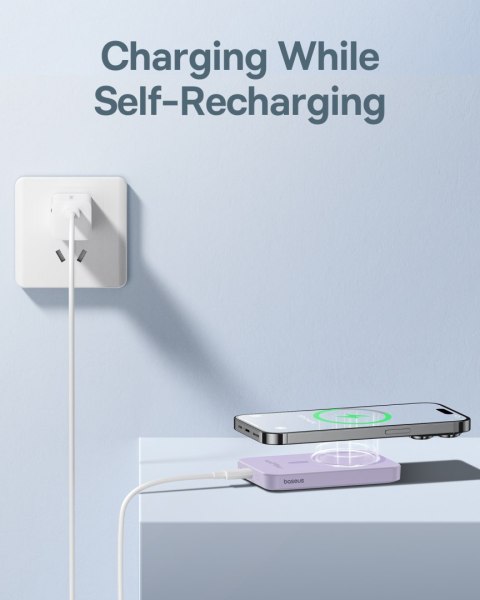 Mini powerbank 5000mAh 20W + kabel USB-C 20V / 3A fioletowy BASEUS Mini powerbank 5000mAh 20W + kabel USB-C 20V / 3A fioletowy BASEUS