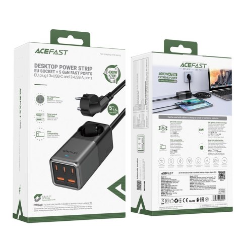 Ładowarka biurkowa stacja ładowania Z2 GaN 75W PD 3x USB-C 2x USB-A czarno-szara ACEFAST Ładowarka biurkowa stacja ładowania Z2 GaN 75W PD 3x USB-C 2x USB-A czarno-szara ACEFAST