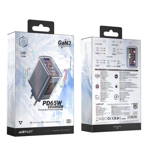Ładowarka sieciowa GaN 65W 3 porty 1x USB 2x USB-C szara ACEFAST Ładowarka sieciowa GaN 65W 3 porty 1x USB 2x USB-C szara ACEFAST