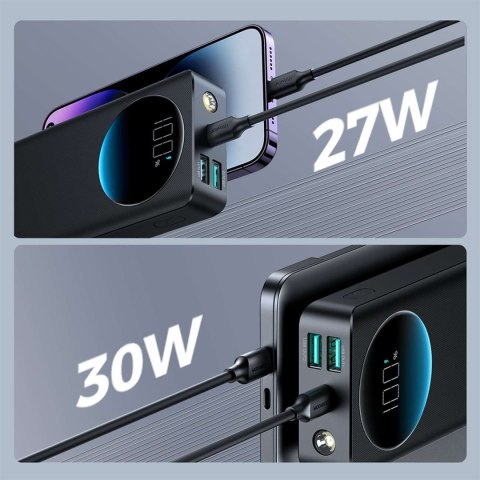 Powerbank z latarką 30W 20000mAh + kabel USB-A - USB-C 25cm czarny JOYROOM Powerbank z latarką 30W 20000mAh + kabel USB-A - USB-C 25cm czarny JOYROOM