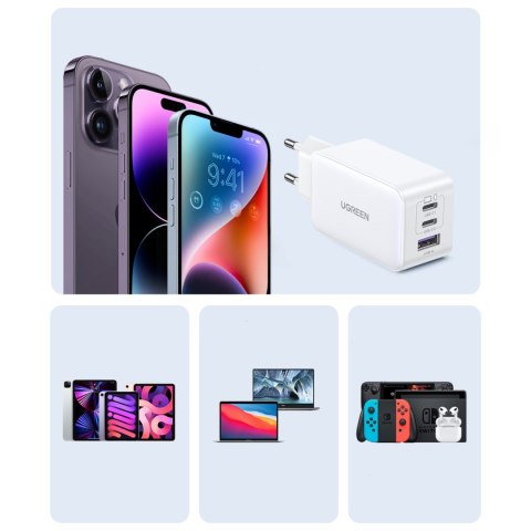 Szybka ładowarka sieciowa GaN 65W USB-A / 2x USB-C biała UGREEN Szybka ładowarka sieciowa GaN 65W USB-A / 2x USB-C biała UGREEN