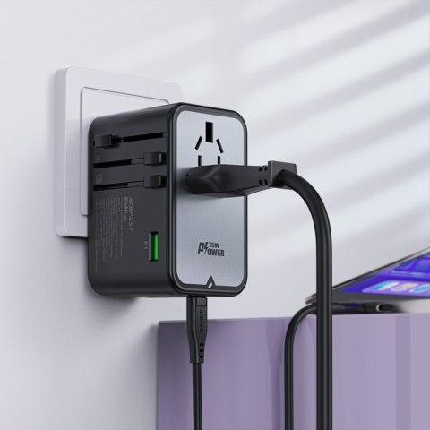 Uniwersalna ładowarka podróżna GaN 2x USB-A 3x USB-C wtyczki UK EU USA AUS czarna ACEFAST Uniwersalna ładowarka podróżna GaN 2x USB-A 3x USB-C wtyczki UK EU USA AUS czarna ACEFAST