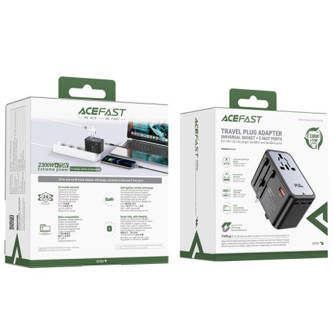 Uniwersalna ładowarka podróżna GaN 2x USB-A 3x USB-C wtyczki UK EU USA AUS czarna ACEFAST Uniwersalna ładowarka podróżna GaN 2x USB-A 3x USB-C wtyczki UK EU USA AUS czarna ACEFAST