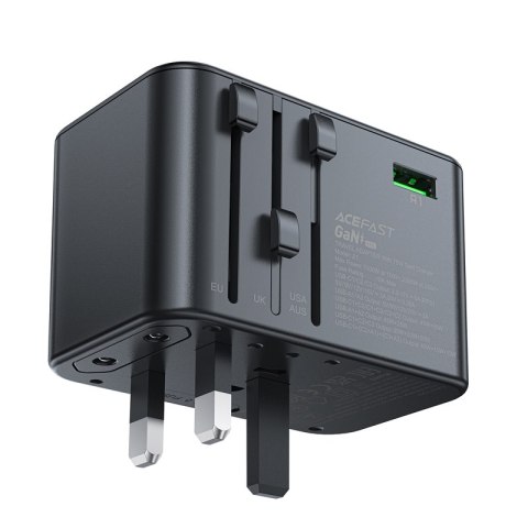 Uniwersalna ładowarka podróżna GaN 2x USB-A 3x USB-C wtyczki UK EU USA AUS czarna ACEFAST Uniwersalna ładowarka podróżna GaN 2x USB-A 3x USB-C wtyczki UK EU USA AUS czarna ACEFAST