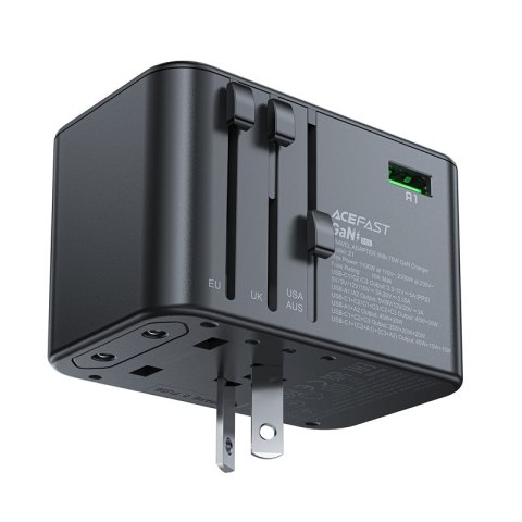 Uniwersalna ładowarka podróżna GaN 2x USB-A 3x USB-C wtyczki UK EU USA AUS czarna ACEFAST Uniwersalna ładowarka podróżna GaN 2x USB-A 3x USB-C wtyczki UK EU USA AUS czarna ACEFAST