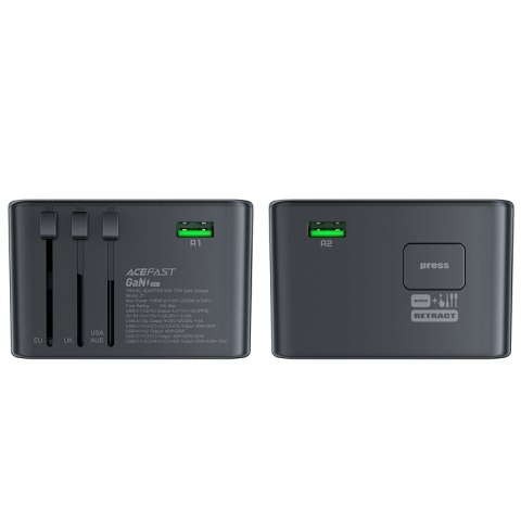 Uniwersalna ładowarka podróżna GaN 2x USB-A 3x USB-C wtyczki UK EU USA AUS czarna ACEFAST Uniwersalna ładowarka podróżna GaN 2x USB-A 3x USB-C wtyczki UK EU USA AUS czarna ACEFAST