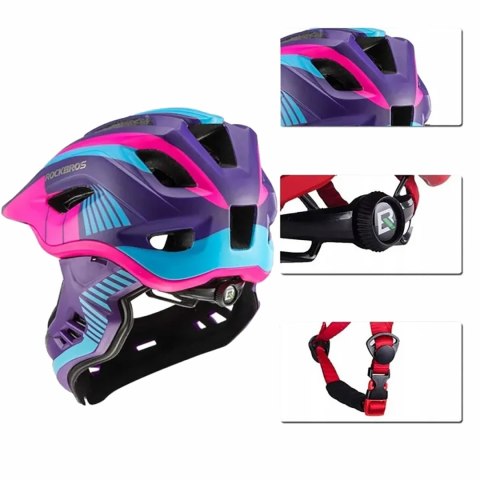 Kask rowerowy dziecięcy z odpinaną szczęką rozmiar S - fioletowo-różowy ROCKBROS
