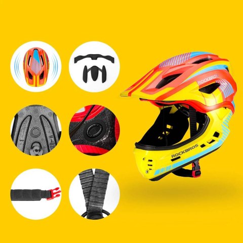 Kask rowerowy dziecięcy z odpinaną szczęką rozmiar S - żółto-pomarańczowy ROCKBROS
