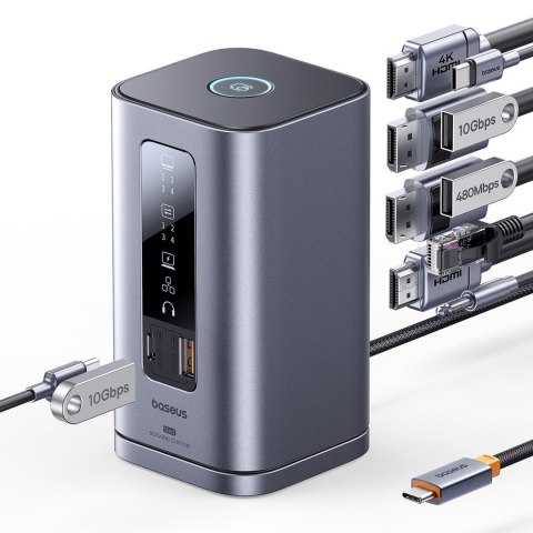 HUB Stacja dokująca 11w1 USB-C HDMI DP USB-A USB-C RJ45 PD mini jack 3.5mm ładowarka EU - szara BASEUS