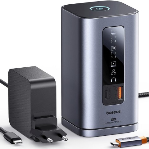 HUB Stacja dokująca 11w1 USB-C HDMI DP USB-A USB-C RJ45 PD mini jack 3.5mm ładowarka EU - szara BASEUS