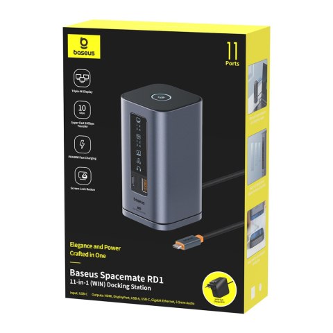 HUB Stacja dokująca 11w1 USB-C HDMI DP USB-A USB-C RJ45 PD mini jack 3.5mm ładowarka EU - szara BASEUS