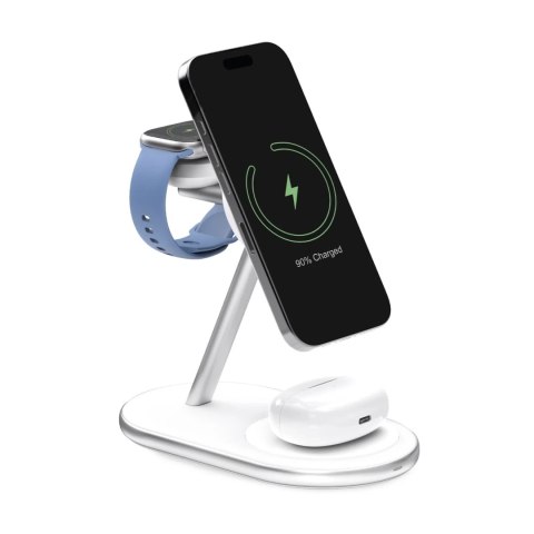 Ładowarka bezprzewodowa 3w1 do telefonu smartwatcha słuchawek Qi2 MagSafe - biała PURO