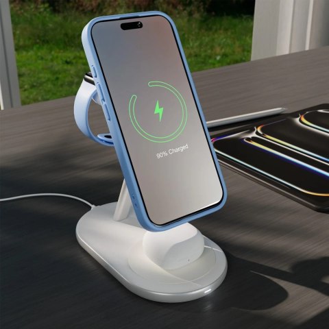 Ładowarka bezprzewodowa 3w1 do telefonu smartwatcha słuchawek Qi2 MagSafe - biała PURO